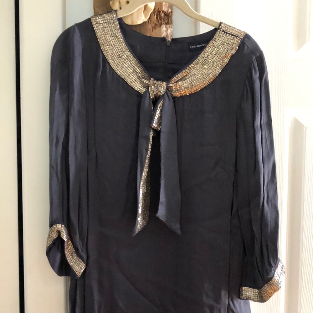 French Connection gray silk and gold sequin dress. size 4.